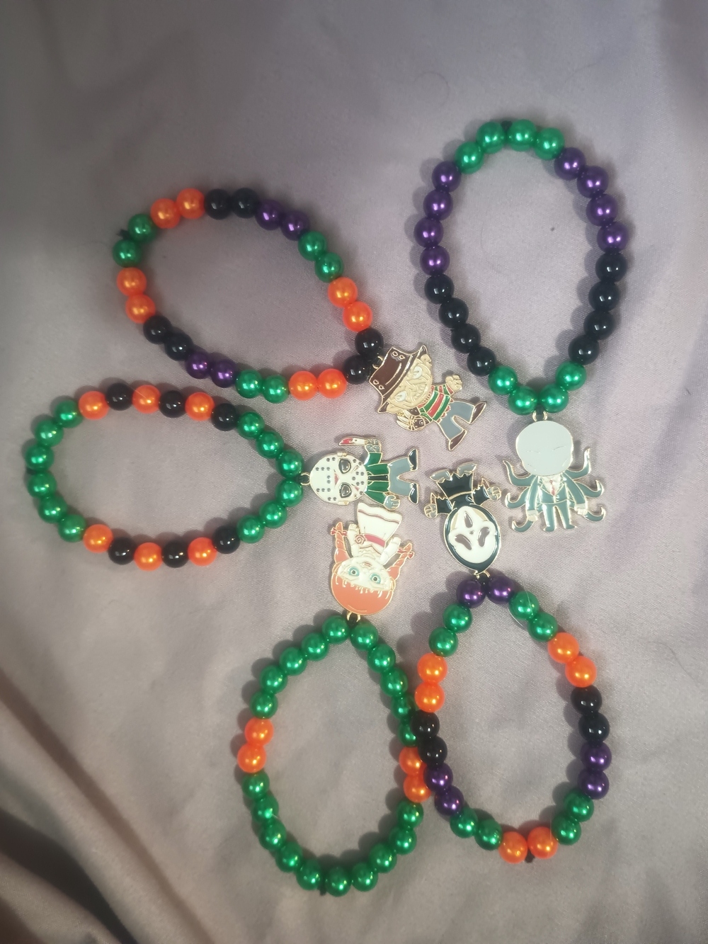 5 Halloween Beaded Charm Bracelet Set - Green, Purple, Orange, Black